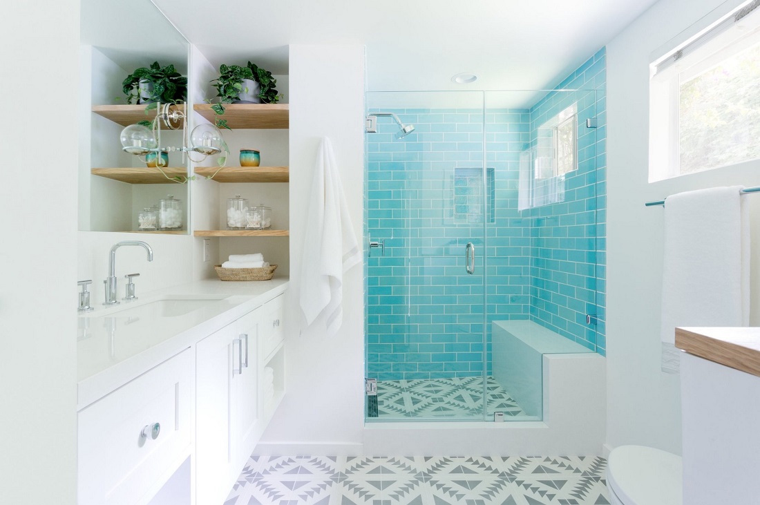 Using colored bathroom tile is an easy way to add vibrant hues to your home. (via Mercury Mosaics)