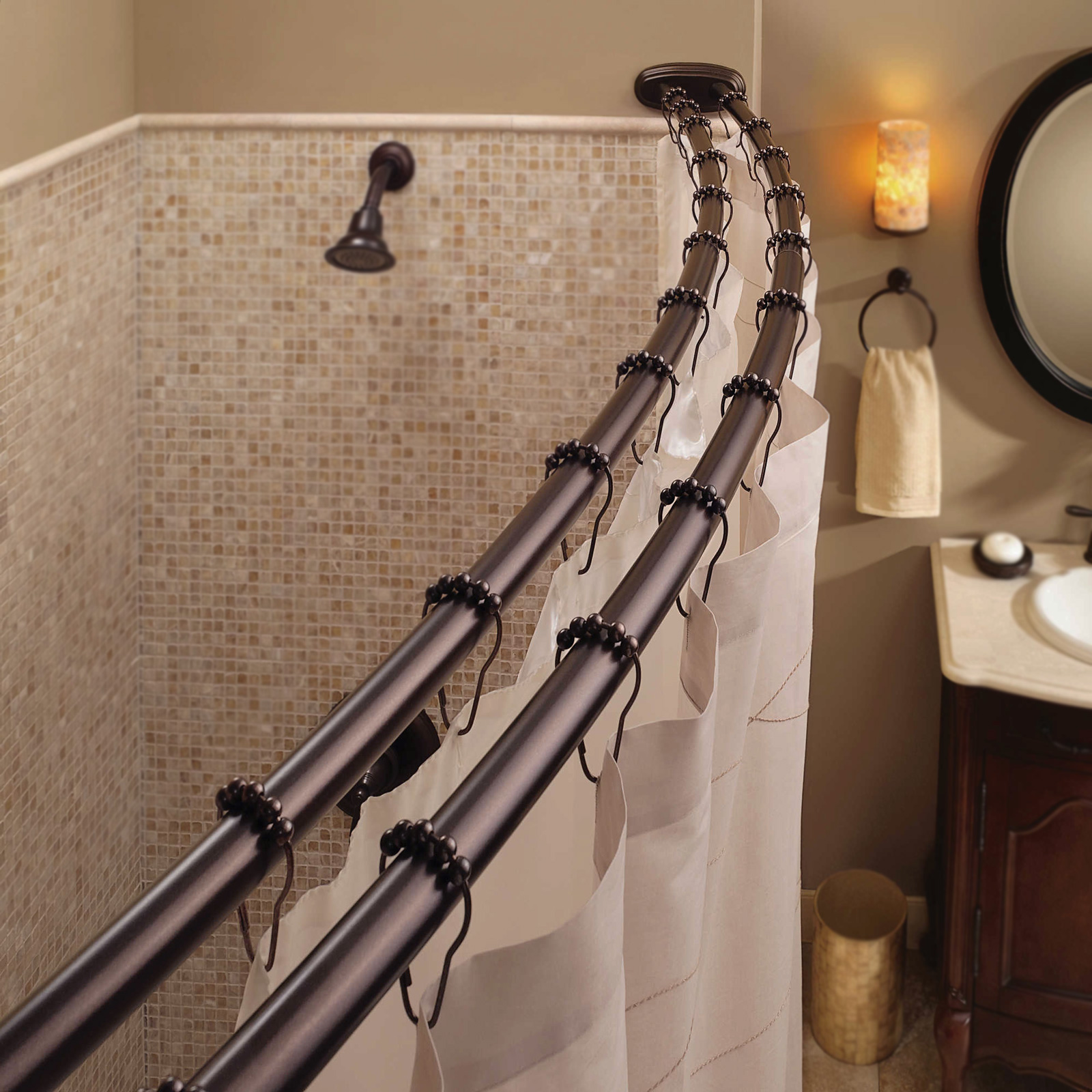 Curved rods add up to 20% more space in your shower.