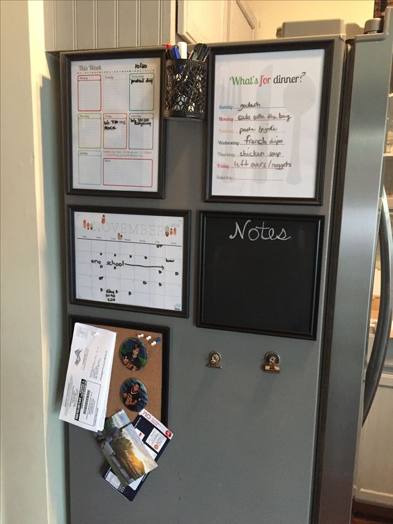 Use the side of your fridge to make a family command center. Even though it's small, it will help you stay organized.