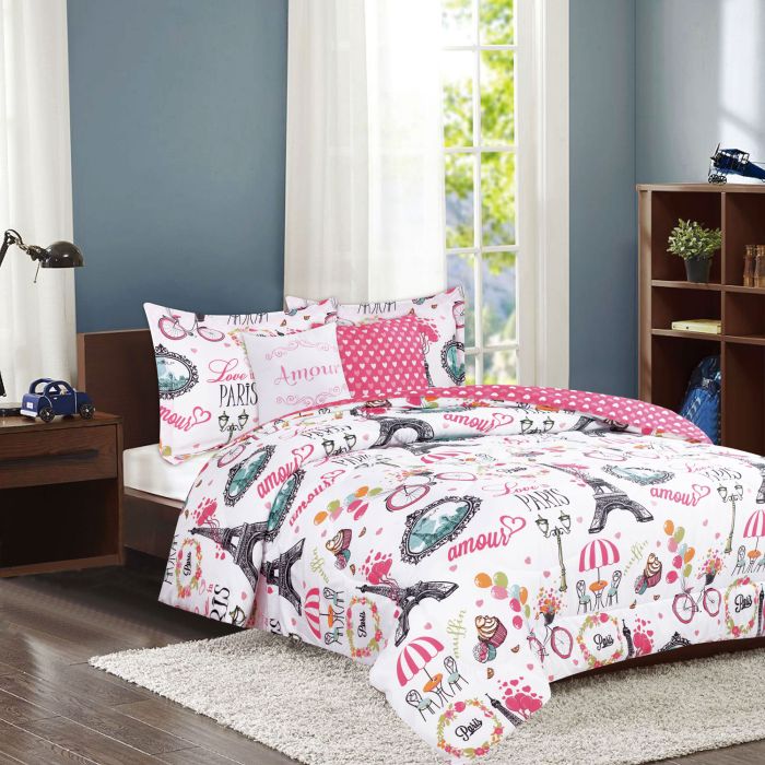 Crest Home Amour Twin Paris Comforter 4 Piece Bedding Set Pink Eiffel Tower French Cafe Discontinued No Longer Available Greydock Com Kids zone home linen comforter set paris eiffel tower hearts flowers for girls/teens white pink black new # flat screen paris (full comforter greydock com