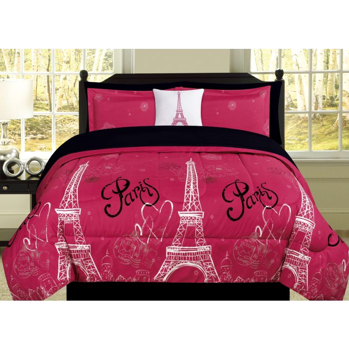 Aubrie Home Accents Paris Love Twin Comforter Pink Black Eiffel Tower Bedding And Sheet 6 Piece Set Greydock Com